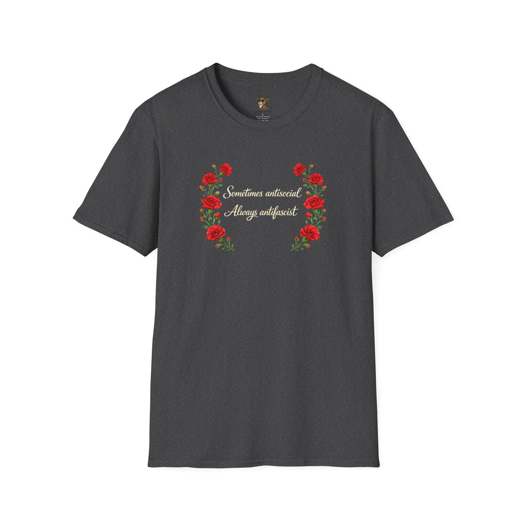 "Sometimes antisocial, Always antifascist" Red Carnation t-shirt