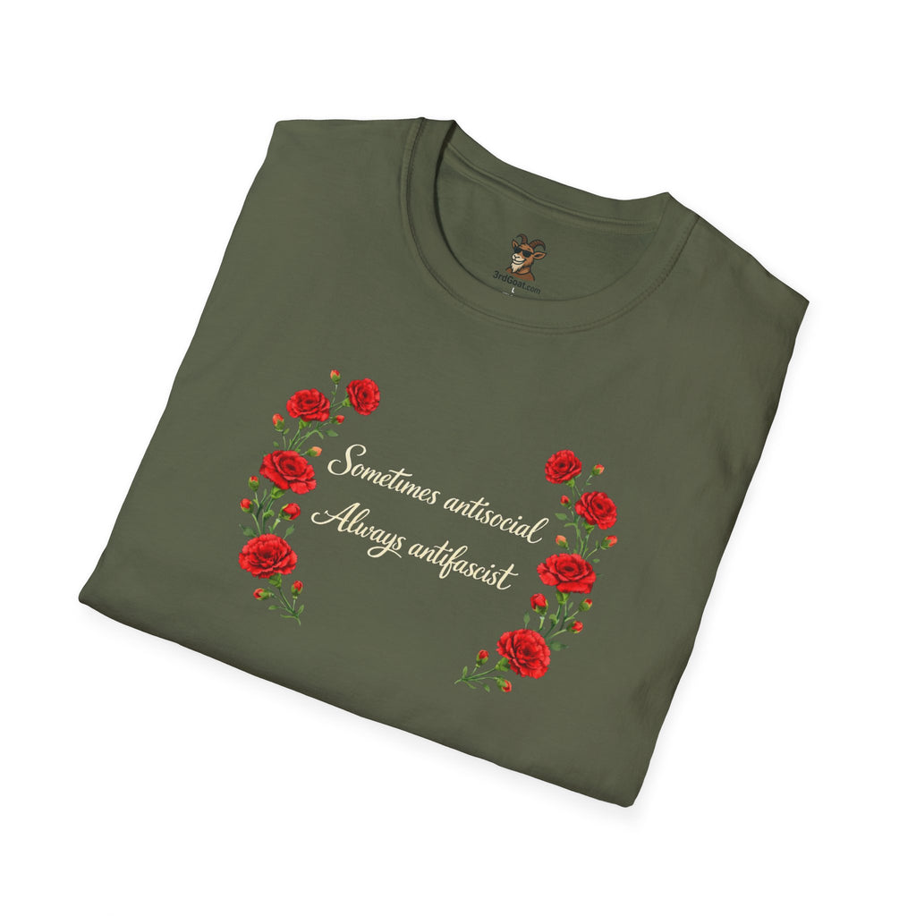 "Sometimes antisocial, Always antifascist" Red Carnation t-shirt