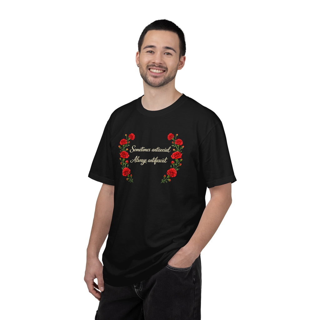 "Sometimes antisocial, Always antifascist" Red Carnation Comfort Colors t-shirt