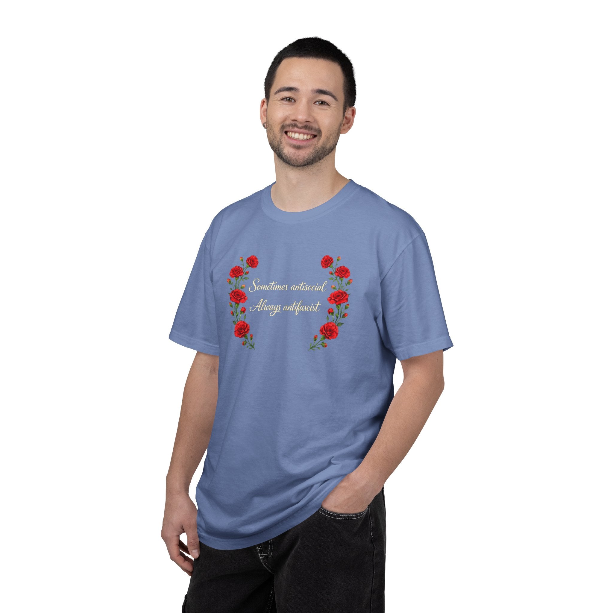 "Sometimes antisocial, Always antifascist" Red Carnation Comfort Colors t-shirt