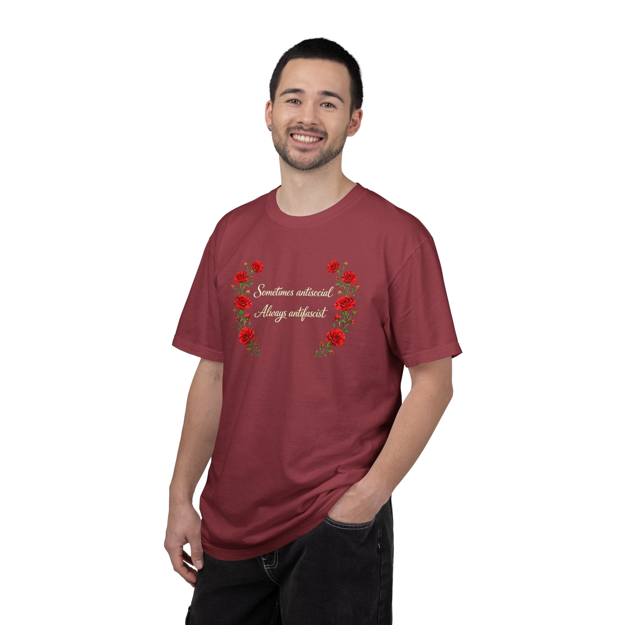 "Sometimes antisocial, Always antifascist" Red Carnation Comfort Colors t-shirt