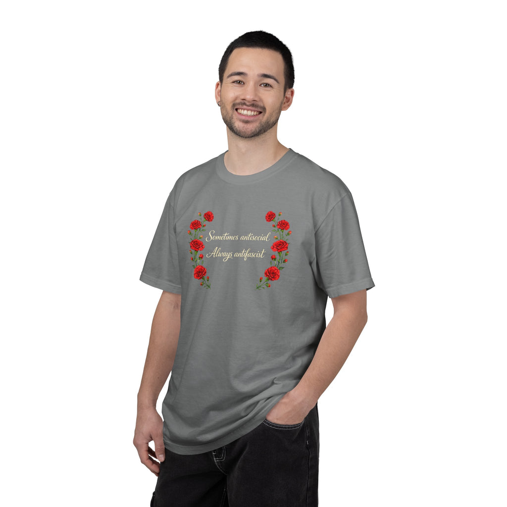"Sometimes antisocial, Always antifascist" Red Carnation Comfort Colors t-shirt