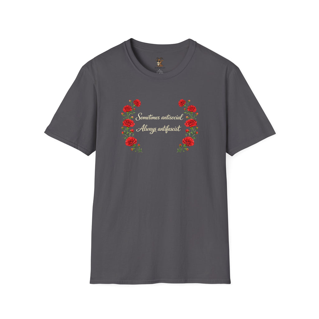 "Sometimes antisocial, Always antifascist" Red Carnation t-shirt