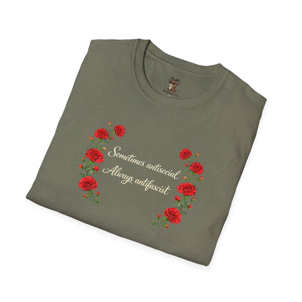 "Sometimes antisocial, Always antifascist" Red Carnation t-shirt