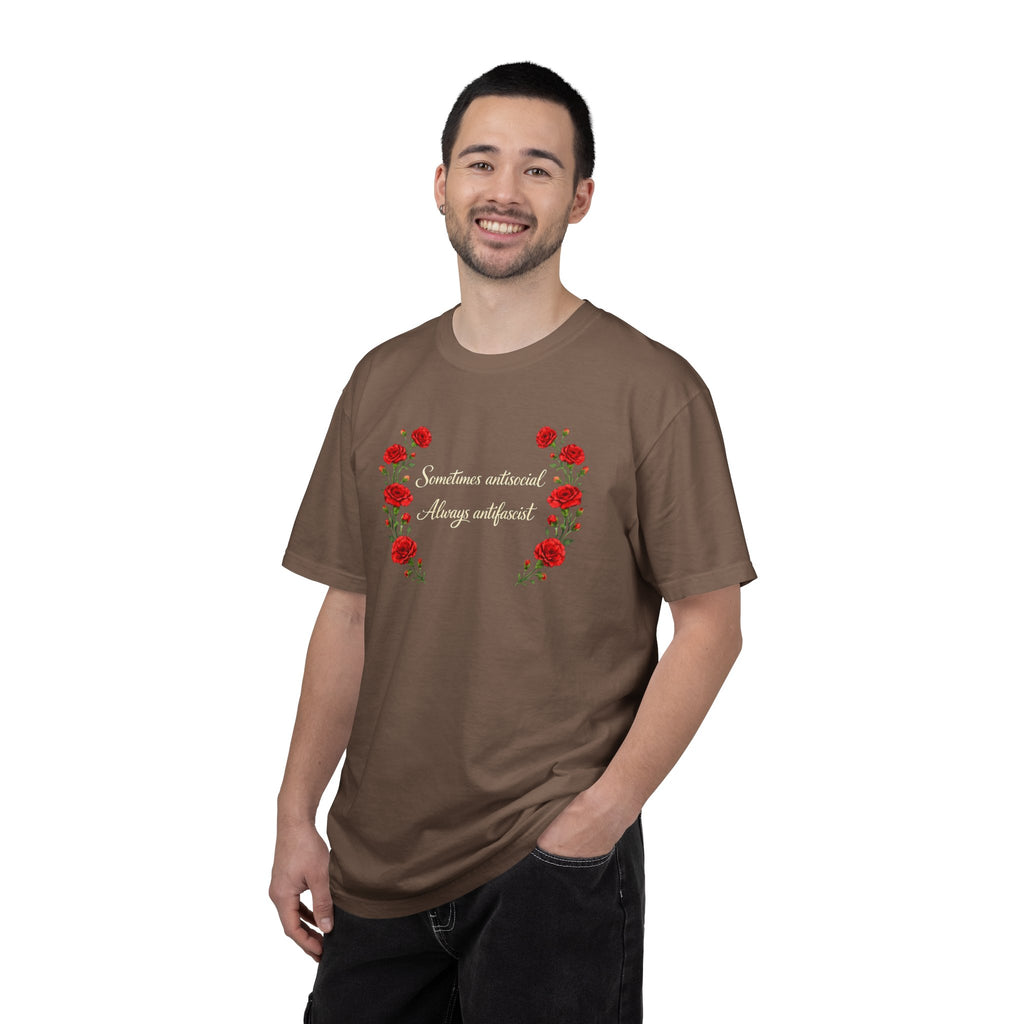 "Sometimes antisocial, Always antifascist" Red Carnation Comfort Colors t-shirt