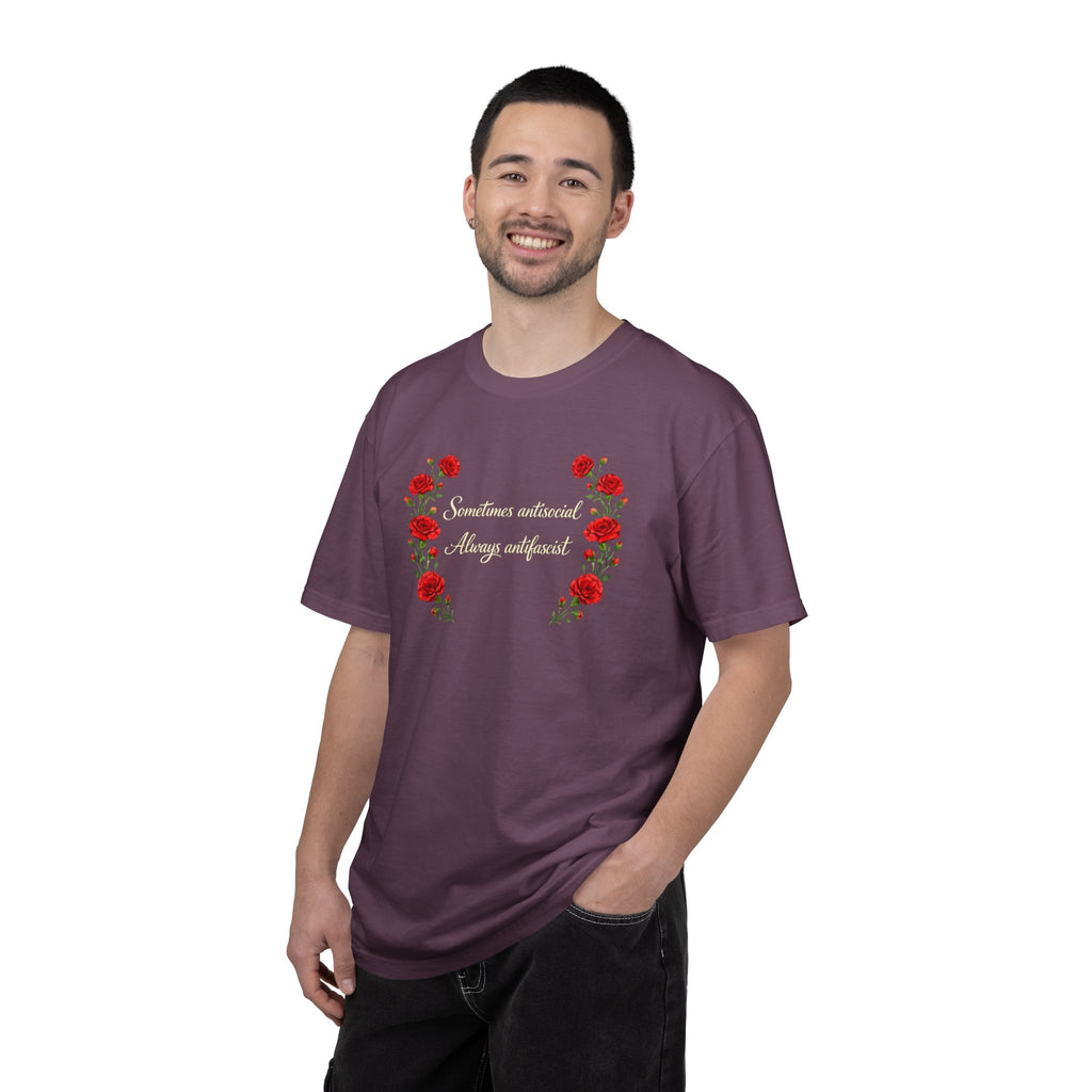 "Sometimes antisocial, Always antifascist" Red Carnation Comfort Colors t-shirt