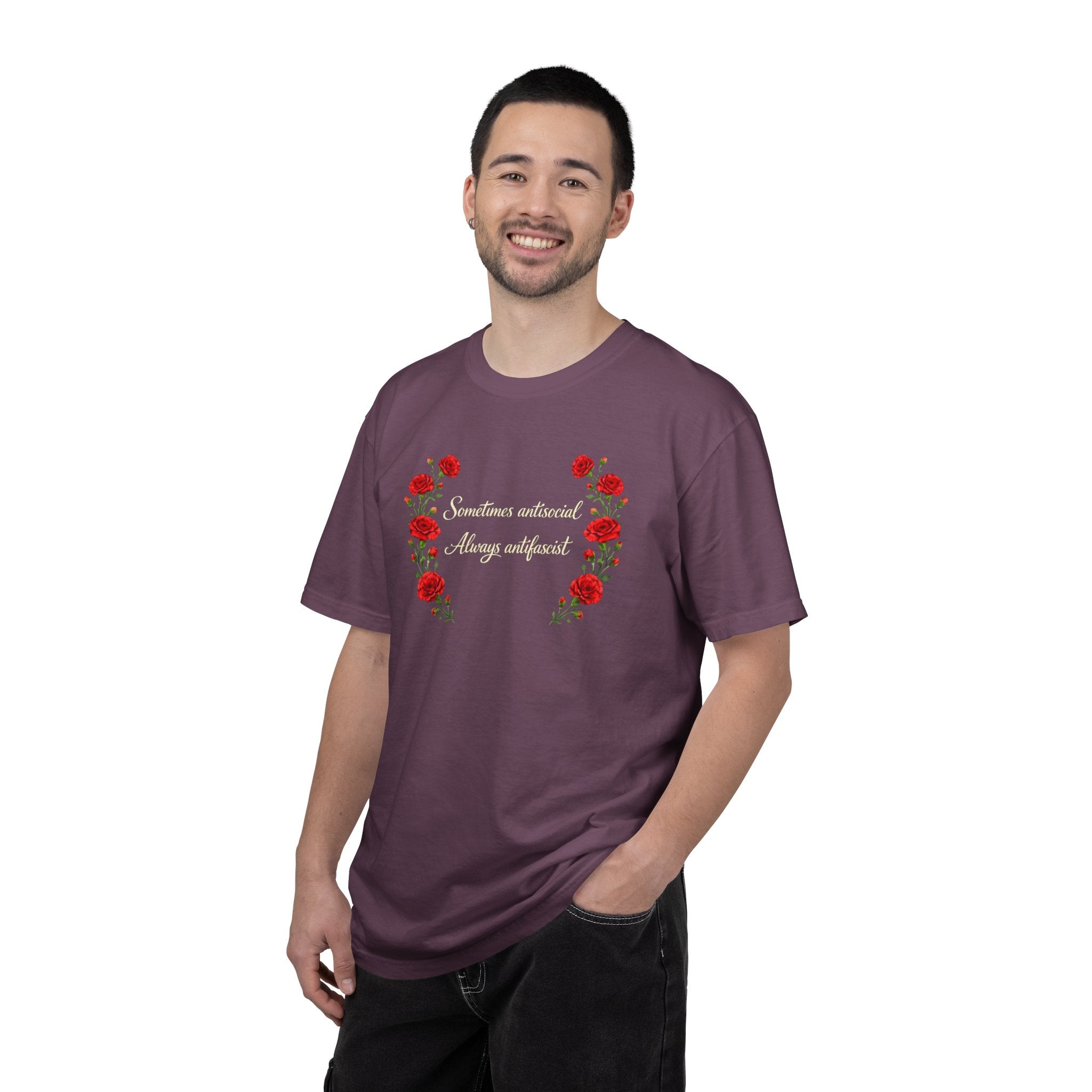 "Sometimes antisocial, Always antifascist" Red Carnation Comfort Colors t-shirt