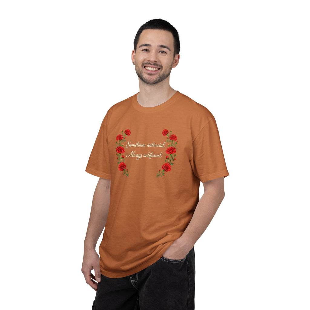 "Sometimes antisocial, Always antifascist" Red Carnation Comfort Colors t-shirt