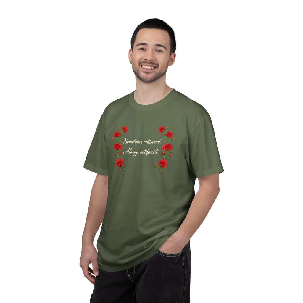 "Sometimes antisocial, Always antifascist" Red Carnation Comfort Colors t-shirt