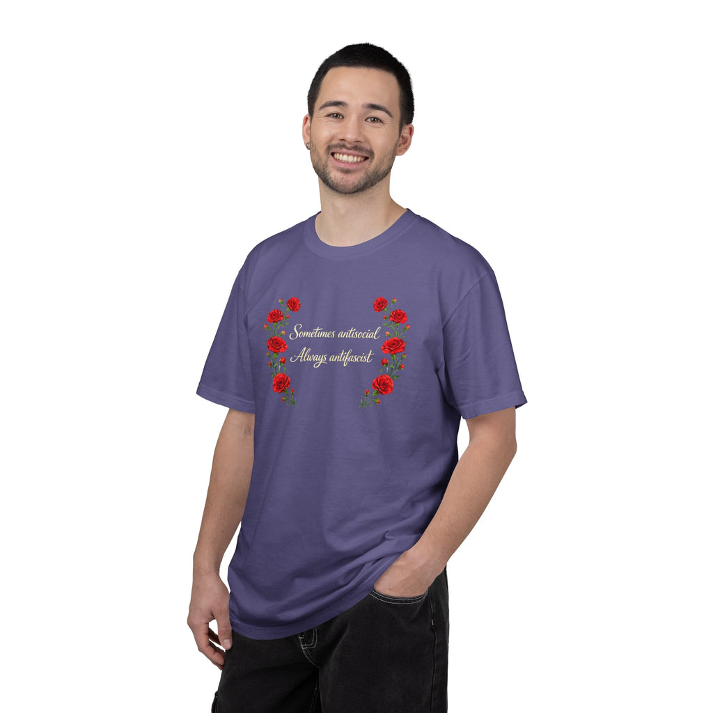 "Sometimes antisocial, Always antifascist" Red Carnation Comfort Colors t-shirt