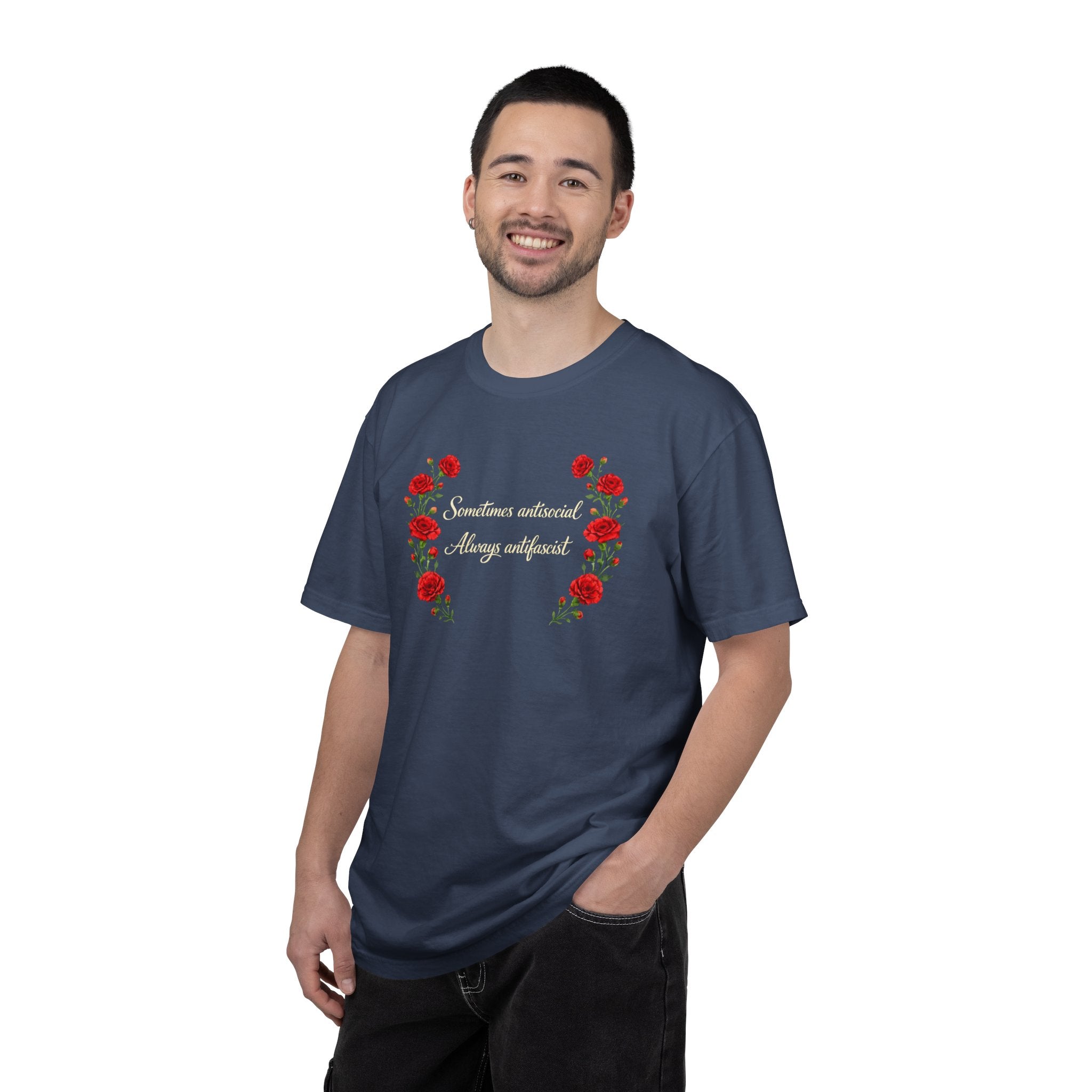 "Sometimes antisocial, Always antifascist" Red Carnation Comfort Colors t-shirt