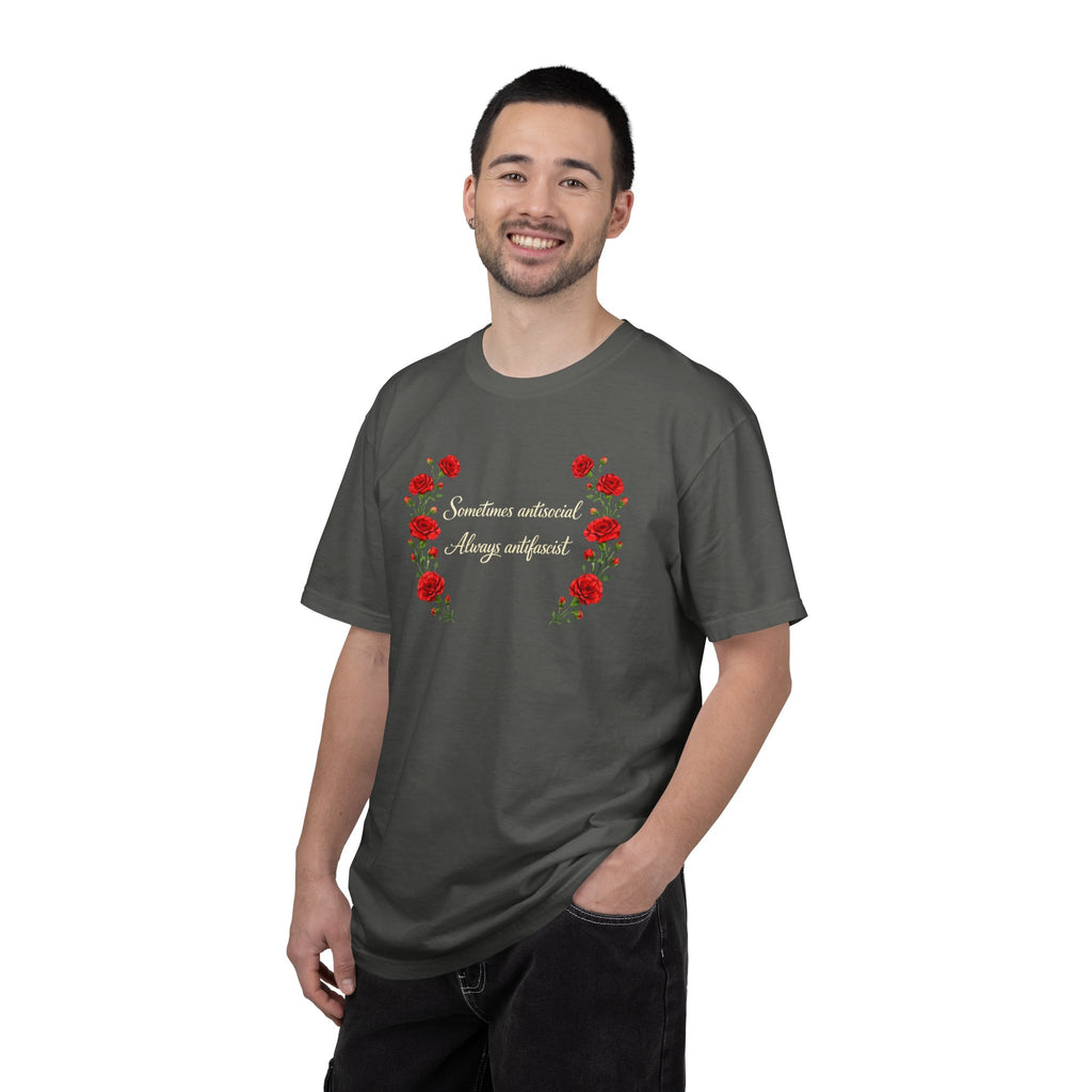 "Sometimes antisocial, Always antifascist" Red Carnation Comfort Colors t-shirt